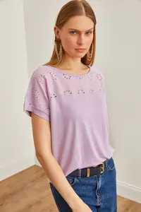 Olalook Women Lilac Fisto Detailed Yarasa Blouse - Image 3