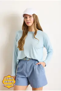 Olalook Women's Baby Blue Crew Neck Bat-Floated Viscose Blouse