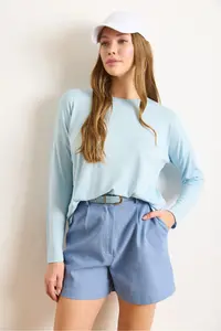 Olalook Women's Baby Blue Crew Neck Bat-Floated Viscose Blouse - Image 5