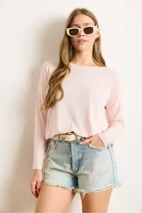 Olalook Women's Candy Pink Crew Neck Bat Flowy Viscose Blouse - Image 3