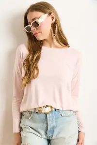 Olalook Women's Candy Pink Crew Neck Bat Flowy Viscose Blouse - Image 6