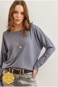 Olalook Women's Dark Gray Crew Neck Bat-Floated Viscose Blouse