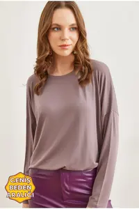 Olalook Women's Dark Mink Crew Neck Bat-Floated Viscose Blouse