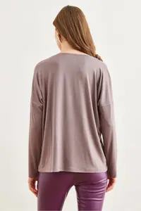Olalook Women's Dark Mink Crew Neck Bat-Floated Viscose Blouse - Image 2