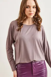 Olalook Women's Dark Mink Crew Neck Bat-Floated Viscose Blouse - Image 3