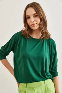 Olalook Women's Green Crew Neck Bat Flowy Viscose Blouse - Image 4