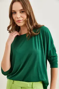 Olalook Women's Green Crew Neck Bat Flowy Viscose Blouse - Image 5