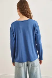 Olalook Women's Indigo Crew Neck Bat Flowy Viscose Blouse - Image 2