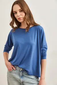 Olalook Women's Indigo Crew Neck Bat Flowy Viscose Blouse - Image 3