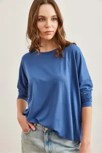 Olalook Women's Indigo Crew Neck Bat Flowy Viscose Blouse - Image 4