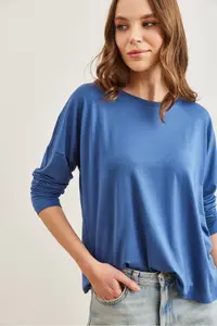 Olalook Women's Indigo Crew Neck Bat Flowy Viscose Blouse - Image 5