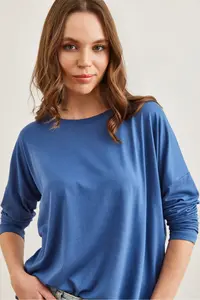 Olalook Women's Indigo Crew Neck Bat Flowy Viscose Blouse - Image 6