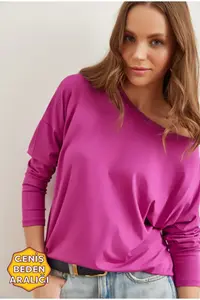Olalook Women's Purple Crew Neck Bat Flowy Viscose Blouse