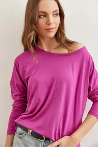 Olalook Women's Purple Crew Neck Bat Flowy Viscose Blouse - Image 2