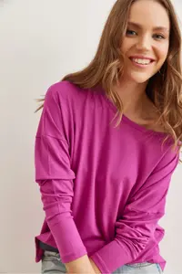 Olalook Women's Purple Crew Neck Bat Flowy Viscose Blouse - Image 3