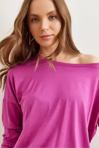 Olalook Women's Purple Crew Neck Bat Flowy Viscose Blouse - Image 4