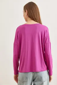 Olalook Women's Purple Crew Neck Bat Flowy Viscose Blouse - Image 5