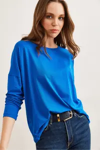 Olalook Women's Saks Blue Crew Neck Bat-Floated Viscose Blouse - Image 5