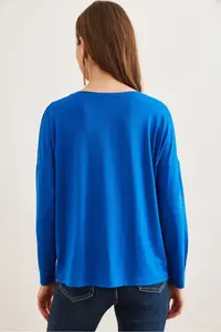 Olalook Women's Saks Blue Crew Neck Bat-Floated Viscose Blouse - Image 7