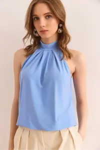 Olalook Women's Baby Blue Collar Buttoned Halter Collar Flowy Blouse