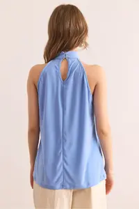 Olalook Women's Baby Blue Collar Buttoned Halter Collar Flowy Blouse - Image 2