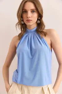 Olalook Women's Baby Blue Collar Buttoned Halter Collar Flowy Blouse - Image 3