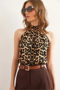 Olalook Women's Large Leopard Collar Buttoned Halter Collar Flowy Blouse