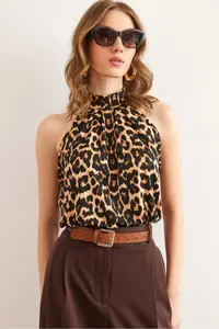 Olalook Women's Large Leopard Collar Buttoned Halter Collar Flowy Blouse - Image 3