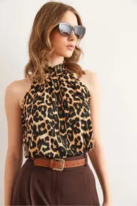 Olalook Women's Large Leopard Collar Buttoned Halter Collar Flowy Blouse - Image 4