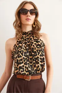 Olalook Women's Large Leopard Collar Buttoned Halter Collar Flowy Blouse - Image 5