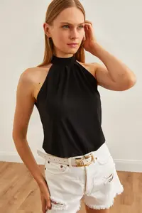Olalook Women's Black Collar Buttoned Halter Collar Flowy Blouse