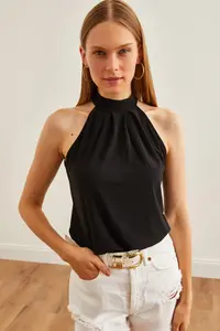 Olalook Women's Black Collar Buttoned Halter Collar Flowy Blouse - Image 2