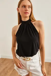 Olalook Women's Black Collar Buttoned Halter Collar Flowy Blouse - Image 3