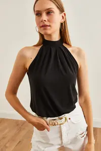 Olalook Women's Black Collar Buttoned Halter Collar Flowy Blouse - Image 6