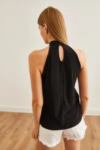 Olalook Women's Black Collar Buttoned Halter Collar Flowy Blouse - Image 7