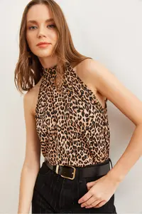 Olalook Women's Camel Leopard Collar Buttoned Halter Collar Flowy Blouse