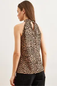 Olalook Women's Camel Leopard Collar Buttoned Halter Collar Flowy Blouse - Image 2