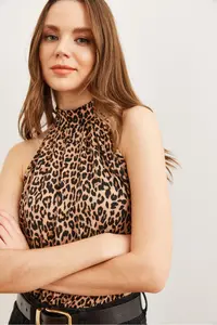 Olalook Women's Camel Leopard Collar Buttoned Halter Collar Flowy Blouse - Image 5