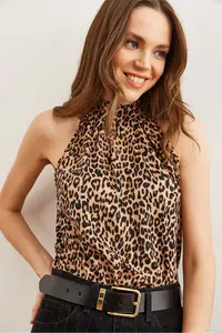 Olalook Women's Camel Leopard Collar Buttoned Halter Collar Flowy Blouse - Image 6