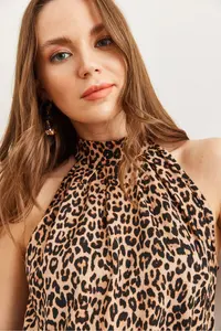 Olalook Women's Camel Leopard Collar Buttoned Halter Collar Flowy Blouse - Image 7