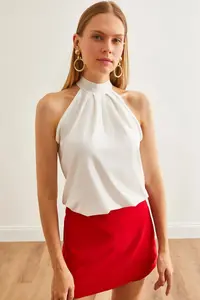 Olalook Women's Ecru Collar Buttoned Halter Collar Flowy Blouse