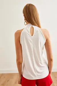 Olalook Women's Ecru Collar Buttoned Halter Collar Flowy Blouse - Image 2