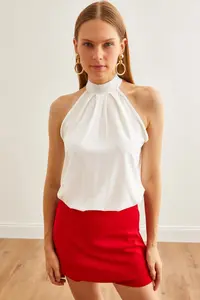 Olalook Women's Ecru Collar Buttoned Halter Collar Flowy Blouse - Image 3
