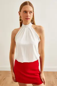 Olalook Women's Ecru Collar Buttoned Halter Collar Flowy Blouse - Image 4