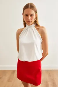 Olalook Women's Ecru Collar Buttoned Halter Collar Flowy Blouse - Image 5