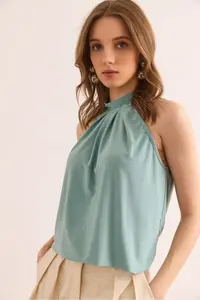 Olalook Women's Mint Green Buttoned Collar Halter Collar Flowy Blouse