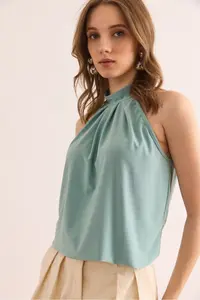 Olalook Women's Mint Green Buttoned Collar Halter Collar Flowy Blouse - Image 3