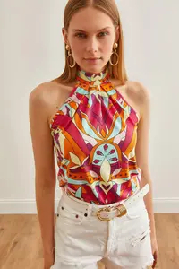 Olalook Women's Multi-Colored Collar Buttoned Halter Collar Flowy Blouse