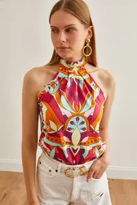 Olalook Women's Multi-Colored Collar Buttoned Halter Collar Flowy Blouse - Image 2