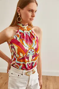 Olalook Women's Multi-Colored Collar Buttoned Halter Collar Flowy Blouse - Image 3